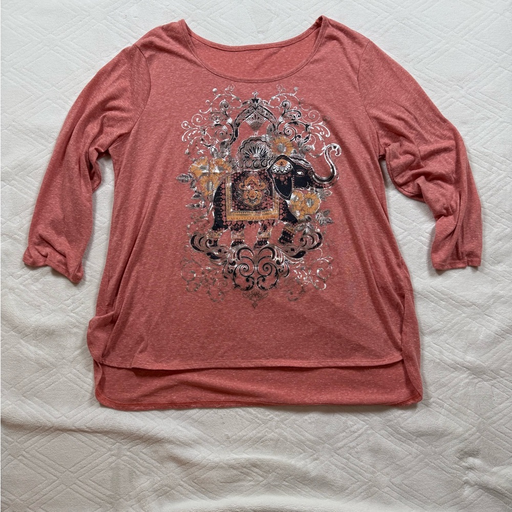 Y2K Elephant Embezzled Womens XL 3/4 Sleeve Blouse Indie Feminine Girly Eclectic